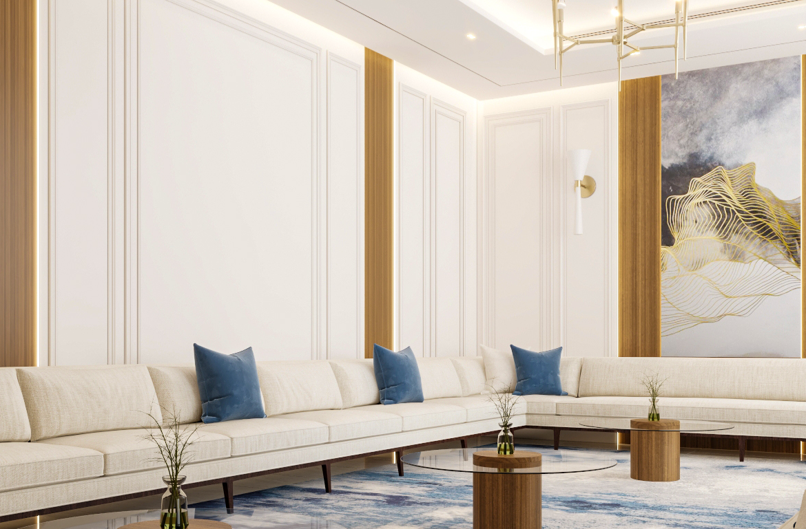 modern majlis with neutral tones and marble surfaces design