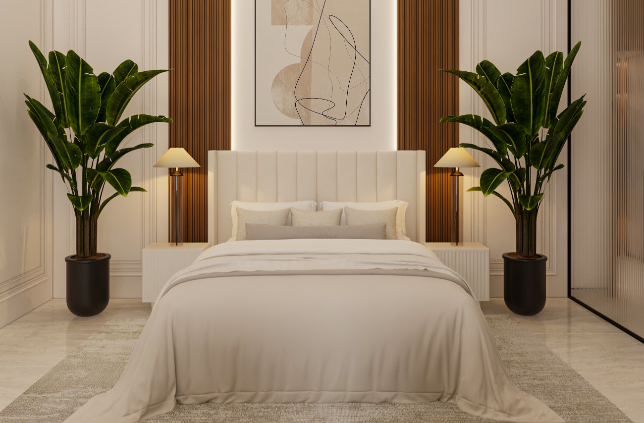 modern bedroom with neutral tones and marble surfaces design