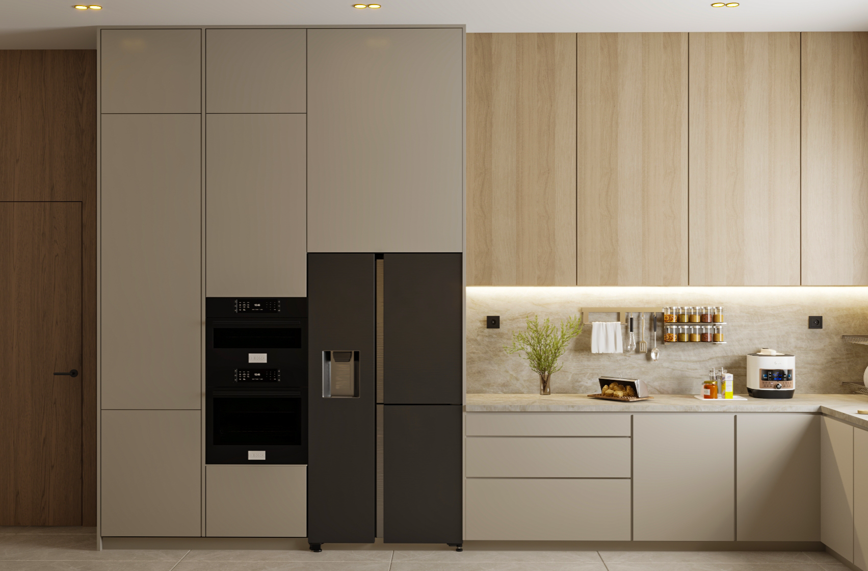modern kitchen design with neutral tones and marble surfaces design