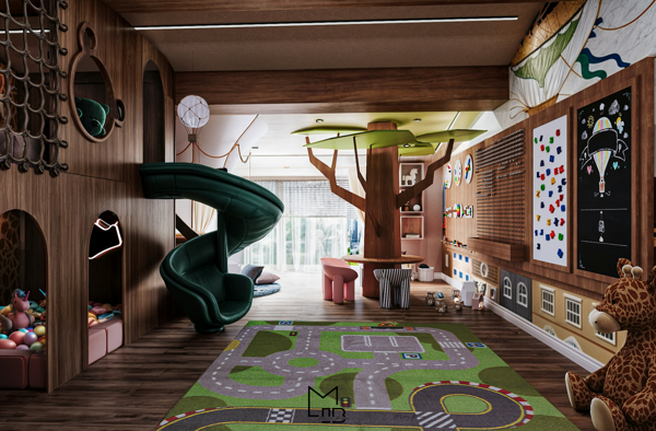 modern kids room with neutral tones and marble surfaces design