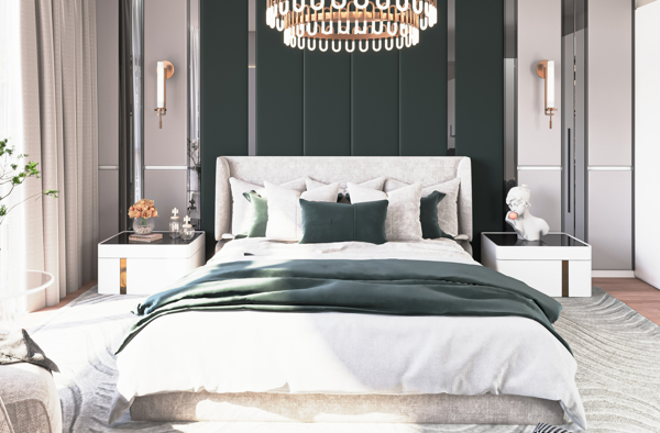 modern bedroom with neutral tones and marble surfaces design