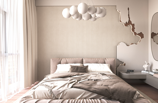 modern bedroom with neutral tones and marble surfaces design
