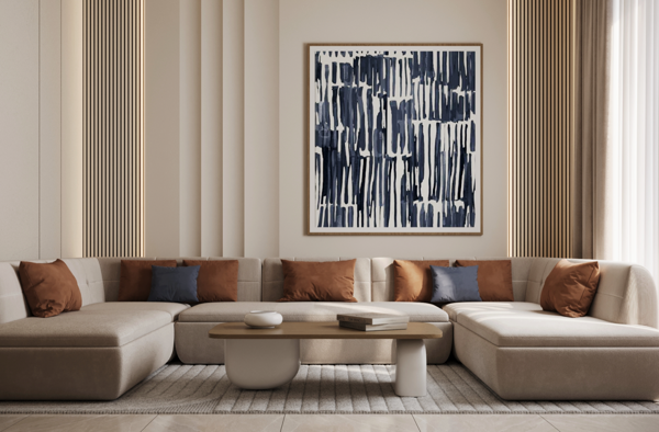 modern living room with neutral tones and marble surfaces design