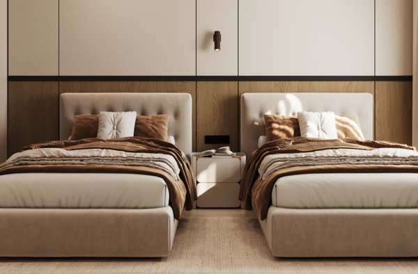 modern kids room with neutral tones and marble surfaces design