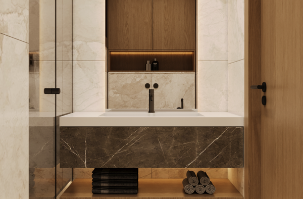 modern bathroom with neutral tones and marble surfaces design