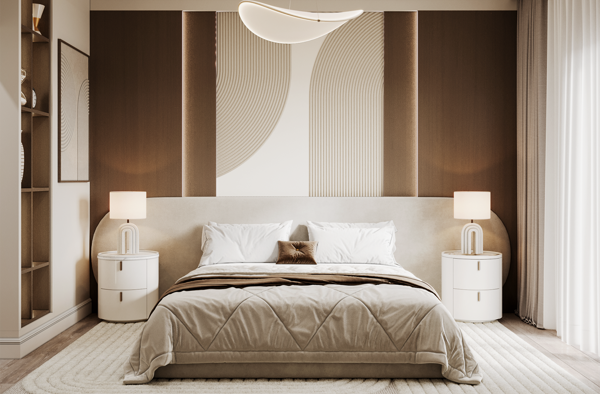 modern master bedroom with neutral tones and marble surfaces design