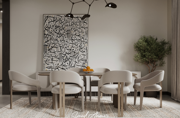 modern dinning room with neutral tones and marble surfaces design