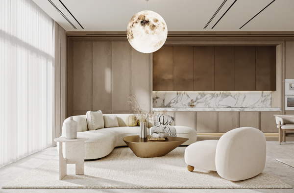modern 2d design & drawings with neutral tones and marble surfaces design
