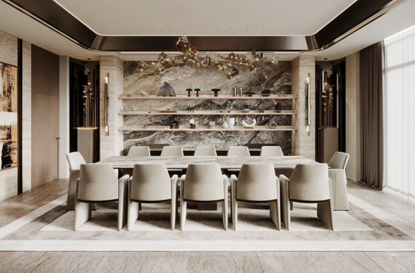 modern 2d design & drawings with neutral tones and marble surfaces design