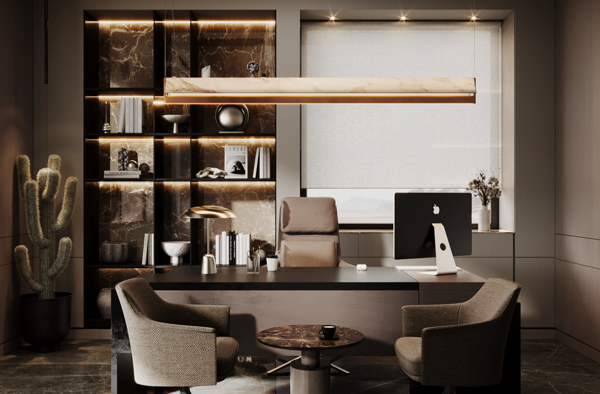 modern home office room with neutral tones and marble surfaces design