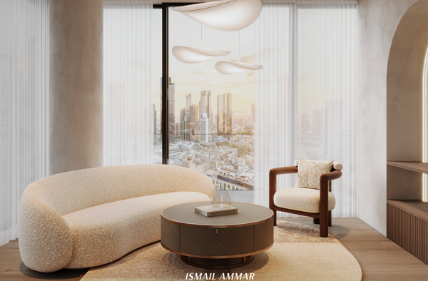 modern design living room with neutral tones and marble surfaces design