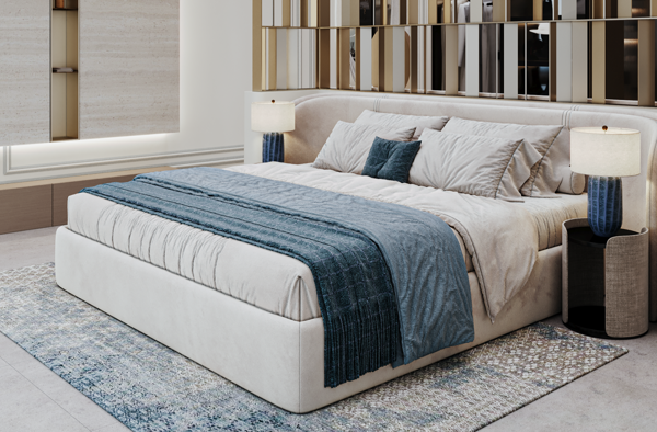 classic master bedroom with neutral tones and marble surfaces design