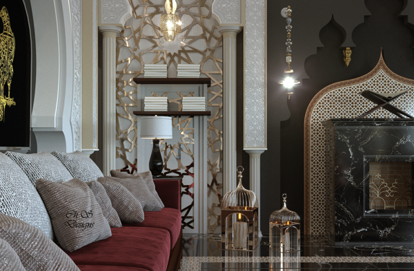 modern outdoor majlis with neutral tones and marble surfaces design