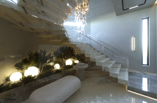 modern staircase room with neutral tones and marble surfaces design