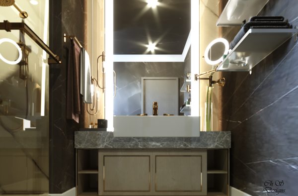 modern bathroom with neutral tones and marble surfaces design
