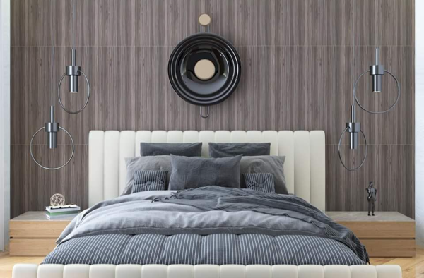 modern master bedroom with neutral tones and marble surfaces design