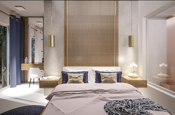 modern bedroom with neutral tones and marble surfaces design