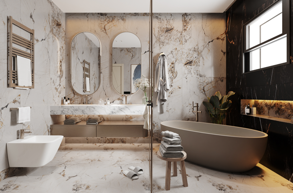 modern bathroom with neutral tones and marble surfaces design