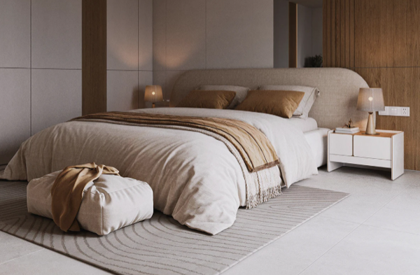 modern bedroom with neutral tones and marble surfaces design