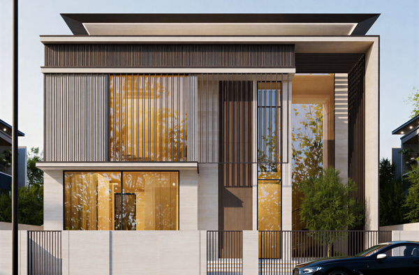 modern architecture design with neutral tones and marble surfaces design