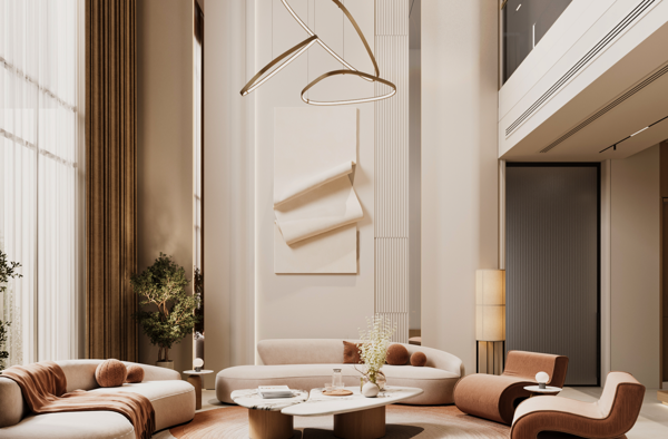 modern family room with neutral tones and marble surfaces design