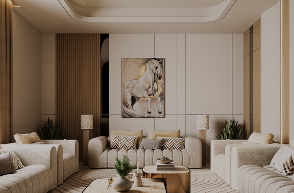 modern living room with neutral tones and marble surfaces design