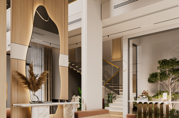 modern entry room with neutral tones and marble surfaces design