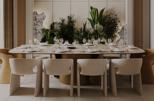 modern dinning room with neutral tones and marble surfaces design