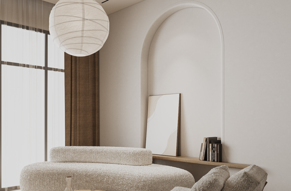modern family room with neutral tones and marble surfaces design