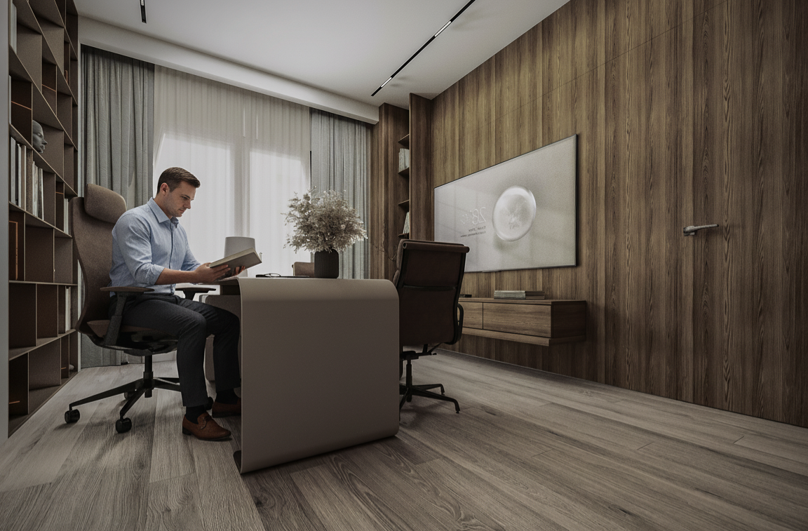 modern home office room with neutral tones and marble surfaces design