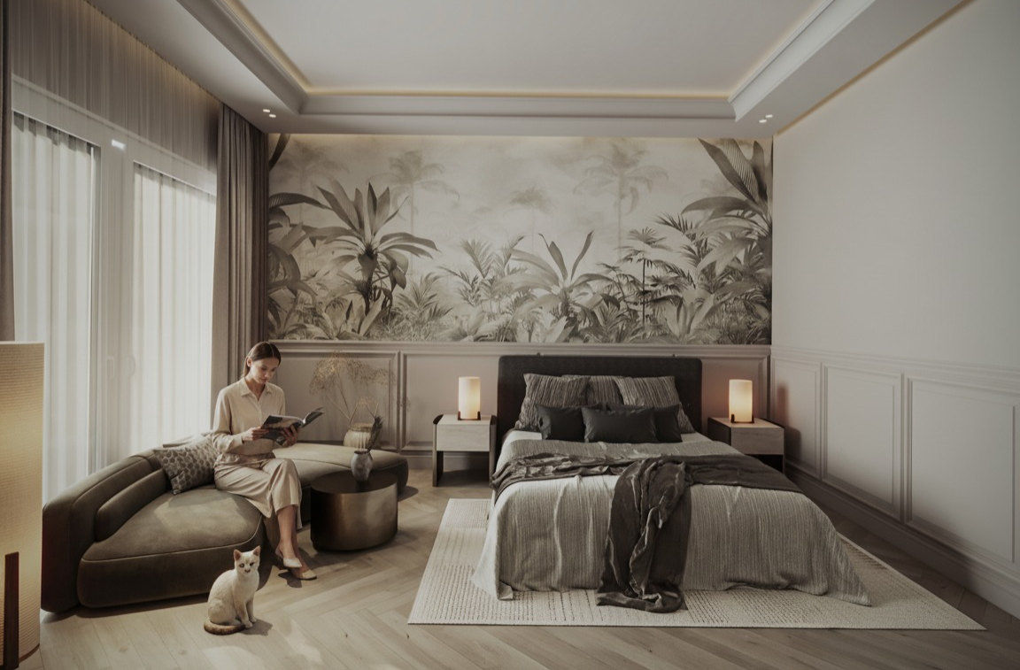 modern bedroom with neutral tones and marble surfaces design