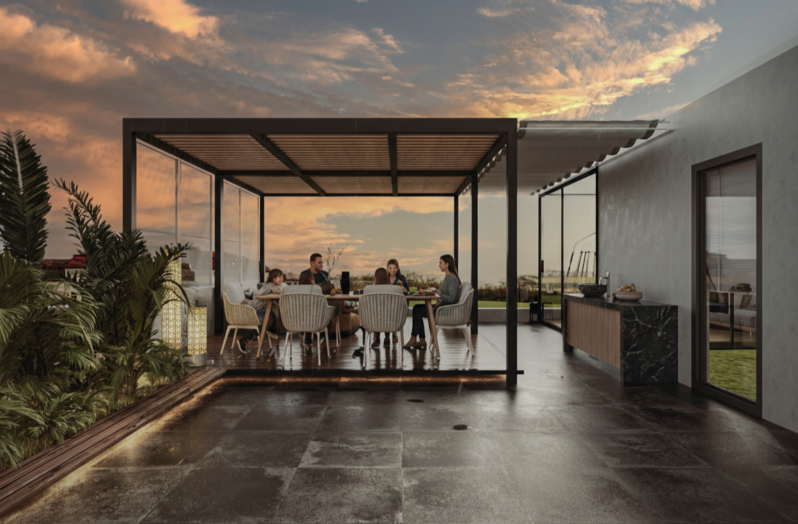 modern rooftop room with neutral tones and marble surfaces design