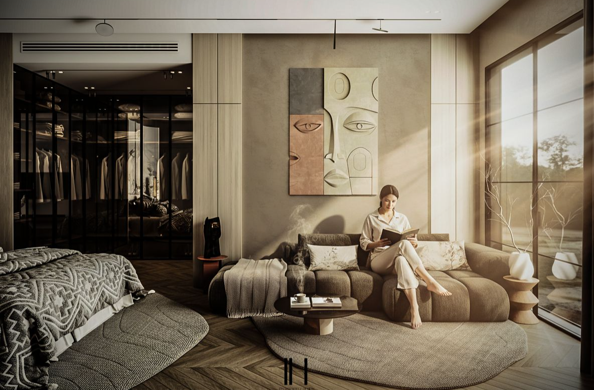 modern master bedroom with neutral tones and marble surfaces design