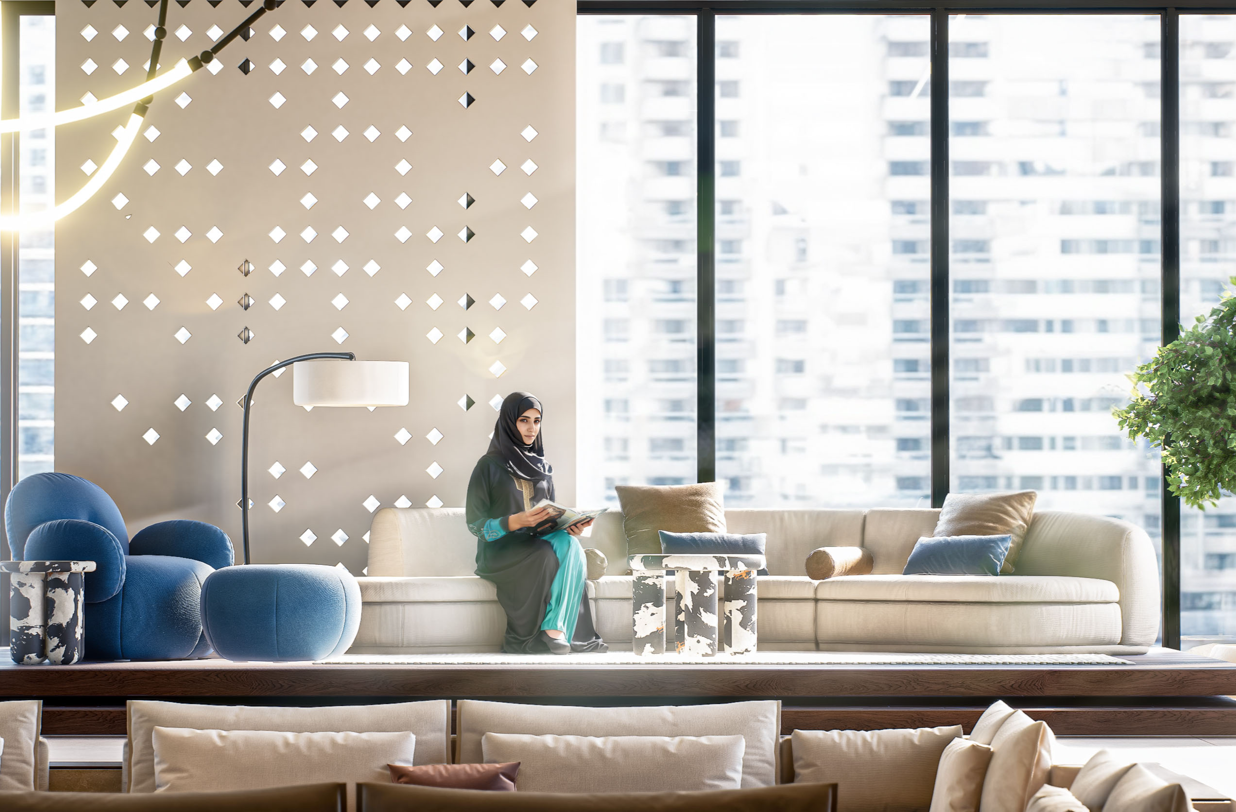 modern interior design with neutral tones and marble surfaces design
