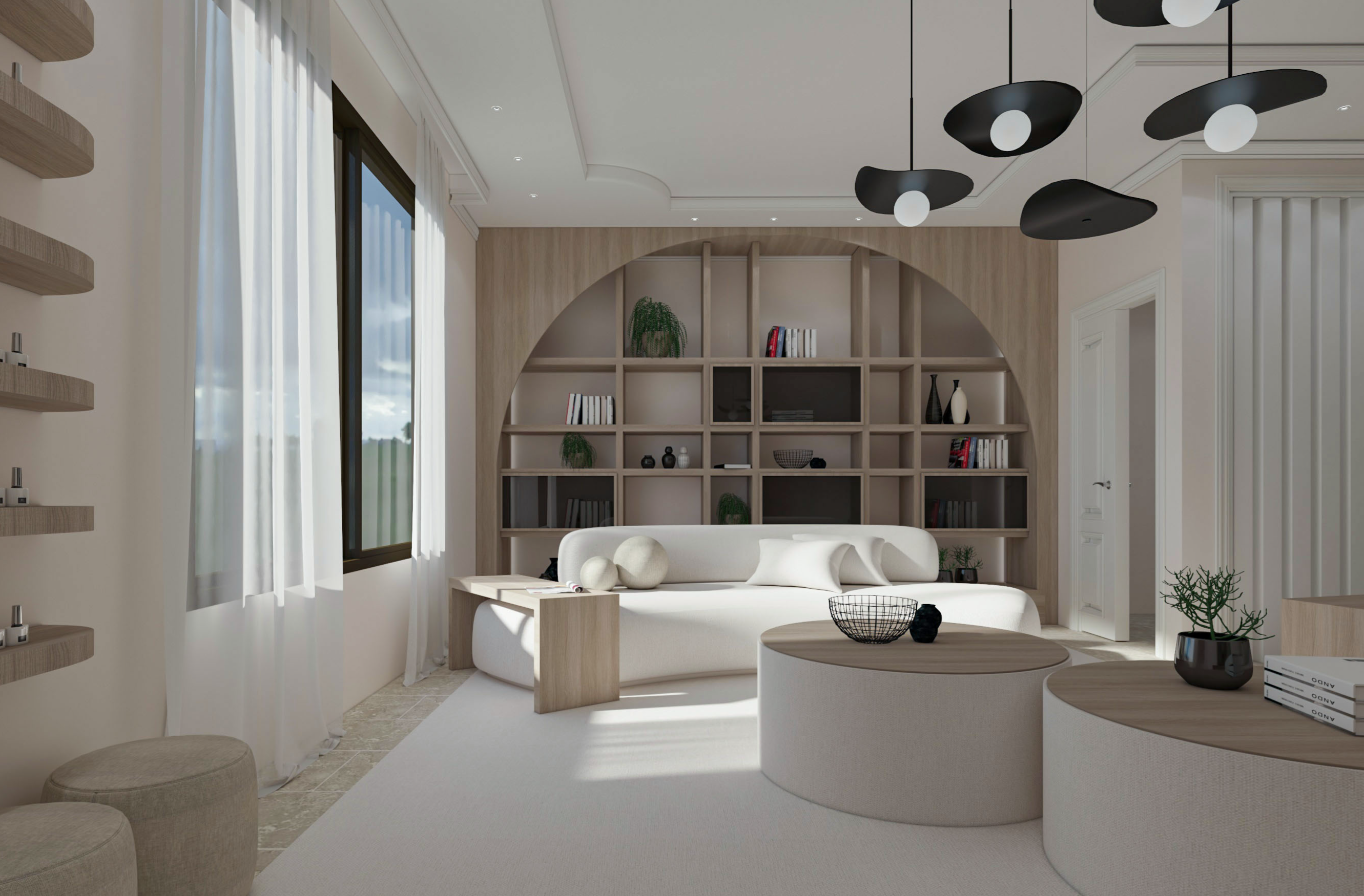 modern living room with neutral tones and marble surfaces design