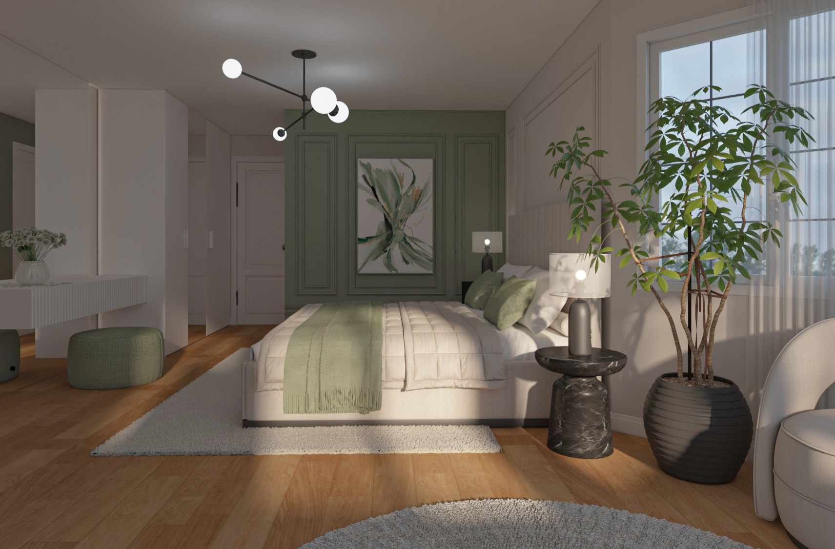 modern master bedroom with neutral tones and marble surfaces design