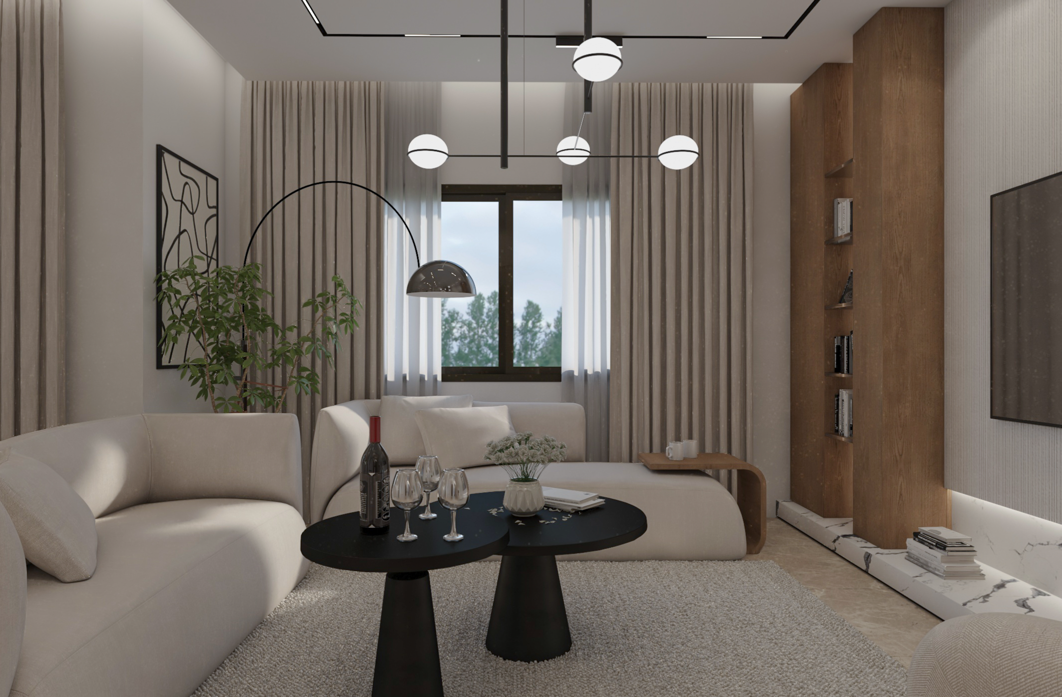 modern living room with neutral tones and marble surfaces design