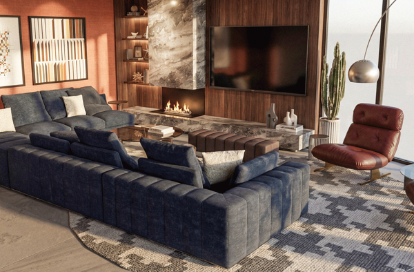 modern living room with neutral tones and marble surfaces design