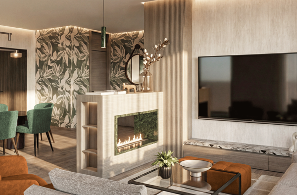modern living room with neutral tones and marble surfaces design