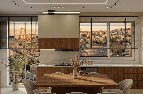 modern home design with neutral tones and marble surfaces design