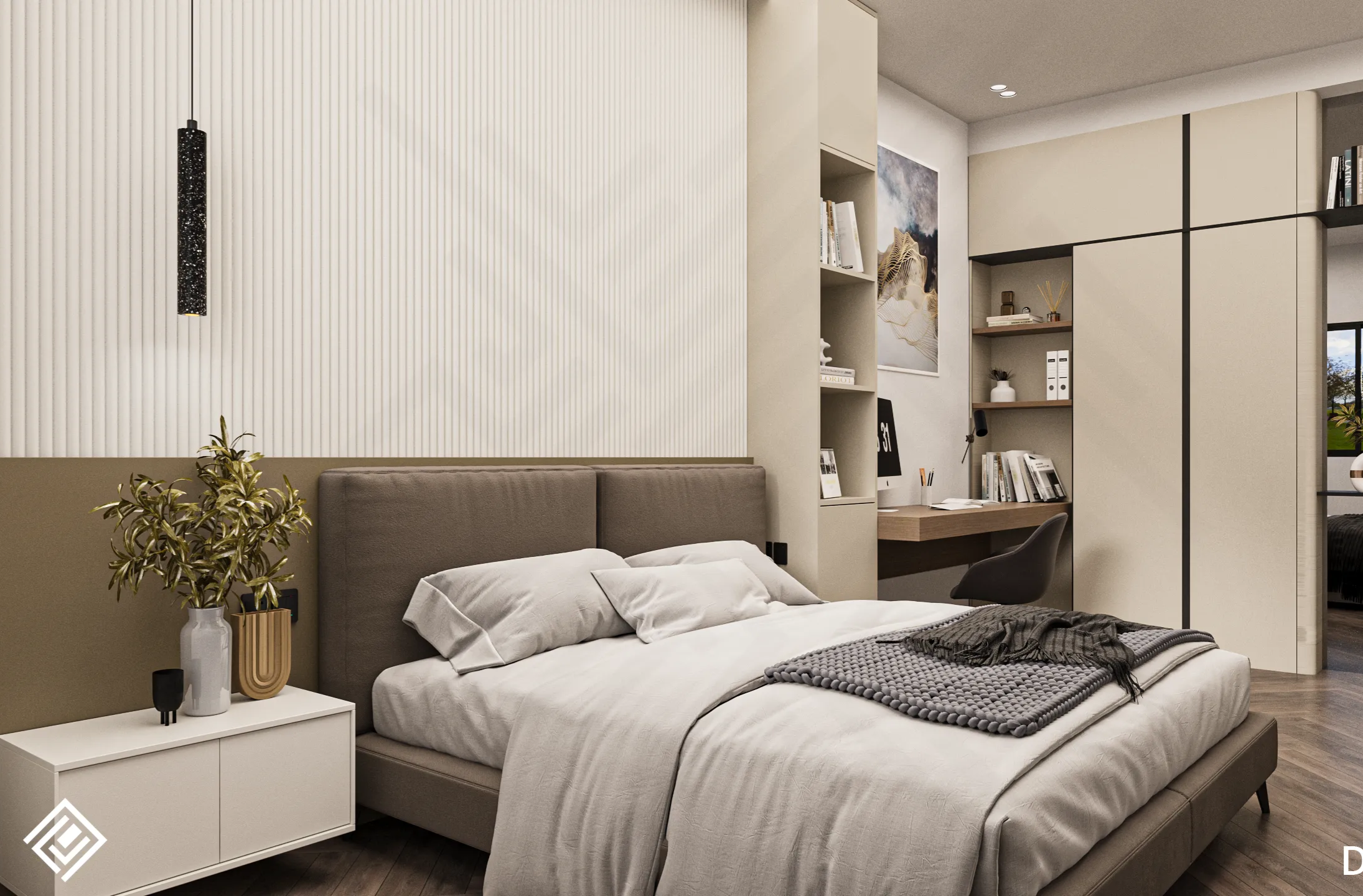 modern kids room with neutral tones and marble surfaces design