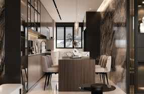 modern family room with neutral tones and marble surfaces design