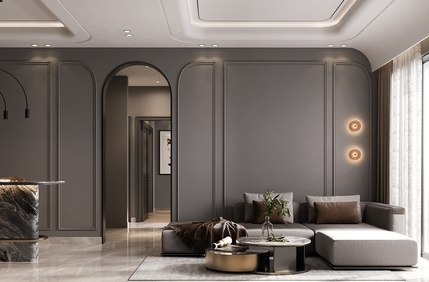 modern living room with neutral tones and marble surfaces design