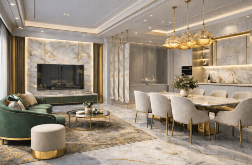 modern home design with neutral tones and marble surfaces design