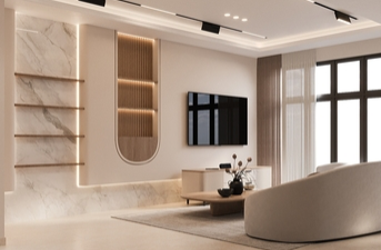 modern living room with neutral tones and marble surfaces design