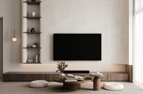 modern family room with neutral tones and marble surfaces design