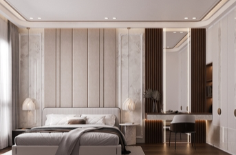 modern kids room with neutral tones and marble surfaces design