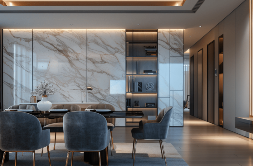 modern home design with neutral tones and marble surfaces design