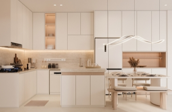 modern breakfast area with neutral tones and marble surfaces design