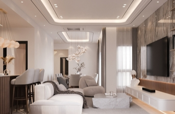 modern breakfast room with neutral tones and marble surfaces design